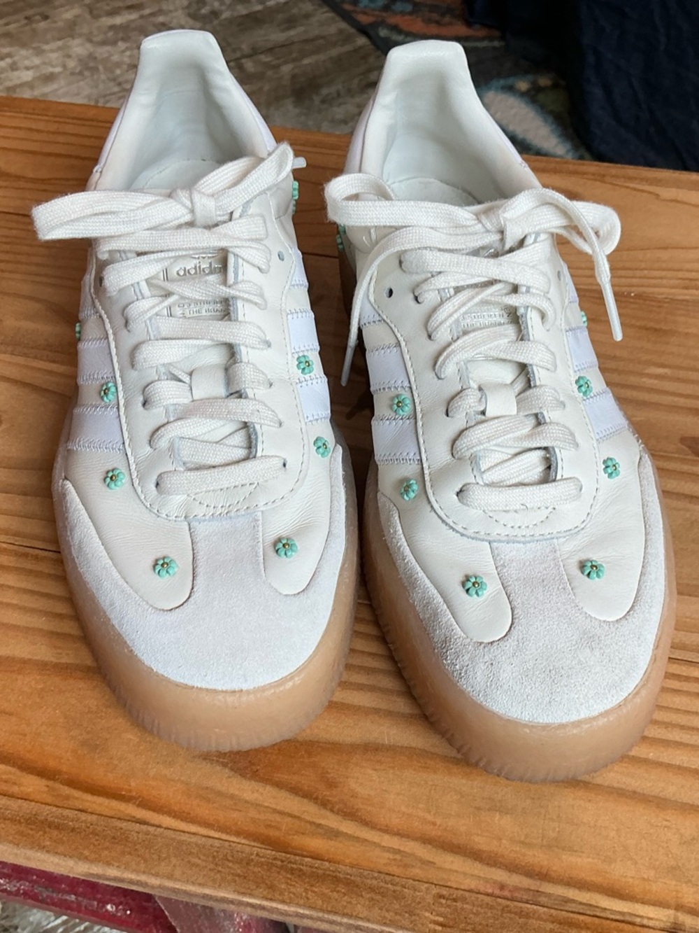 adidas Sambae White Sneakers with Mint Green Flower Studs